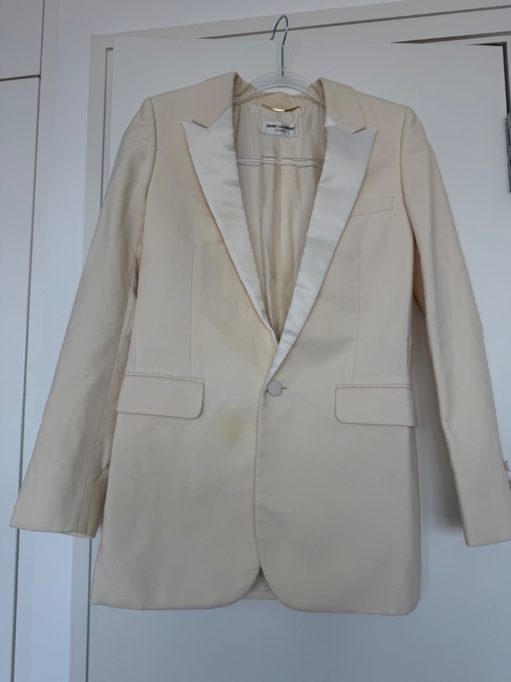 Saint Laurent Paris Ivory Cream Tuxedo Blazer Satin Peak Lapel Jacket FR34 US2